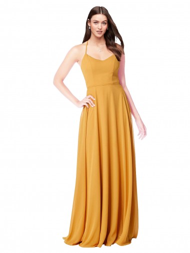 Fournisseurs de Safran Trapèze Col V Mousseline Longue Robes demoiselle d'honneur