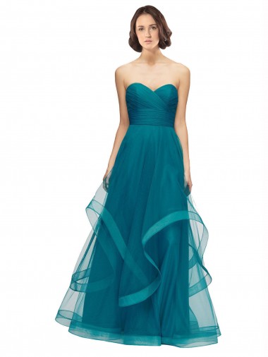 Fournisseurs de Turquoise Trapèze Sans bretelle Tulle Longue Robes demoiselle d'honneur