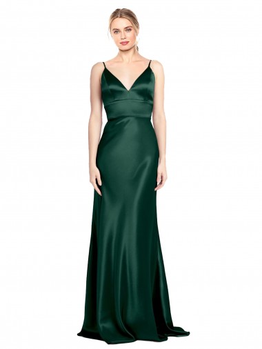 Fournisseurs de Vert Chasseur Fourreau Bretelles spaghetti Col V Satiné Stretch Longue Formelles Robes demoiselle d'honneur / Robes de soirée / Robes de bal