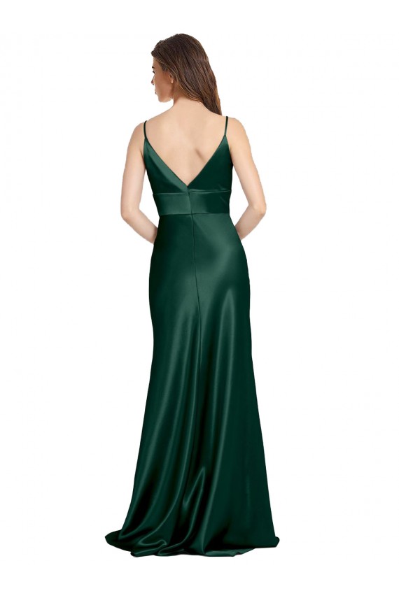 Fournisseurs de Vert Chasseur Fourreau Bretelles spaghetti Col V Satiné Stretch Longue Formelles Robes demoiselle d'honneur / Robes de soirée / Robes de bal