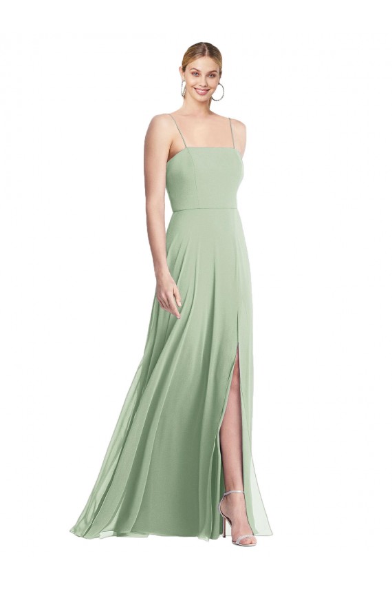 Fournisseurs de Vert Sauge Trompette Bretelles spaghetti Col Carré Mousseline Longue Formelles Robes demoiselle d'honneur / Robes de soirée