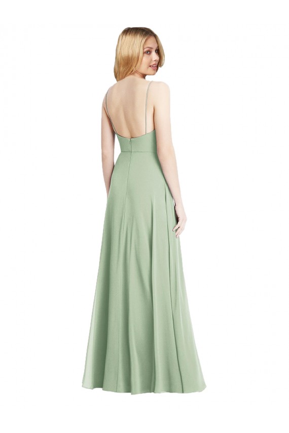 Fournisseurs de Vert Sauge Trompette Bretelles spaghetti Col Carré Mousseline Longue Formelles Robes demoiselle d'honneur / Robes de soirée