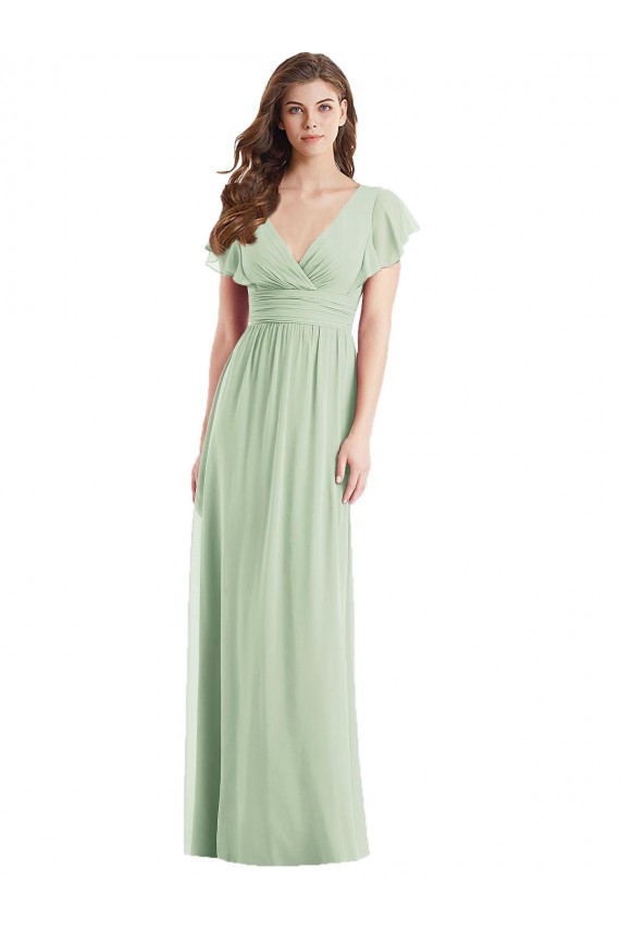 Fournisseurs de Vert Sauge Trompette Col V Mousseline Longue Robes demoiselle d'honneur