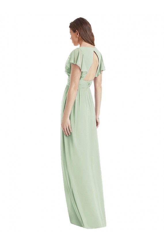 Fournisseurs de Vert Sauge Trompette Col V Mousseline Longue Robes demoiselle d'honneur
