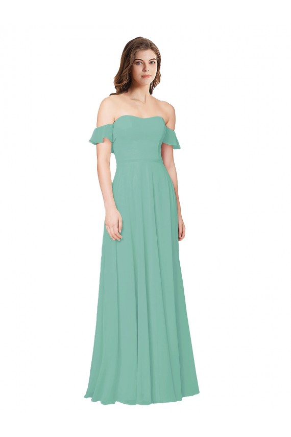 Fournisseurs de Vert de jade Trapèze Épaule Dénudée Mousseline Longue Robes demoiselle d'honneur