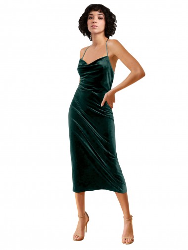 Fournisseurs de Vert foncé Fourreau Bretelles spaghetti midi Velours Stretch Courte Robes demoiselle d'honneur / Robes de soirée / Robes de cocktail