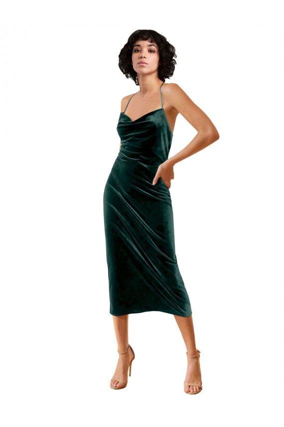 Fournisseurs de Vert foncé Fourreau Bretelles spaghetti midi Velours Stretch Courte Robes demoiselle d'honneur / Robes de soirée / Robes de cocktail