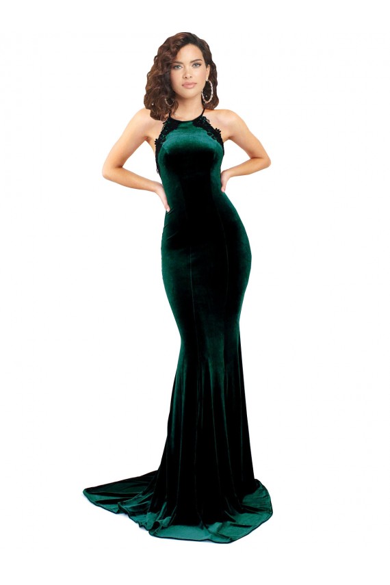 Fournisseurs de Vert foncé Sirène Col Haut Balayage train Velours Stretch Longue Formelles Robes demoiselle d'honneur / Robes de soirée / Robes de bal