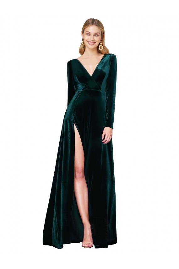 Fournisseurs de Vert foncé Trapèze Col V Balayage train Velours Stretch Longue Formelles Robes demoiselle d'honneur / Robes de soirée / Robes de bal