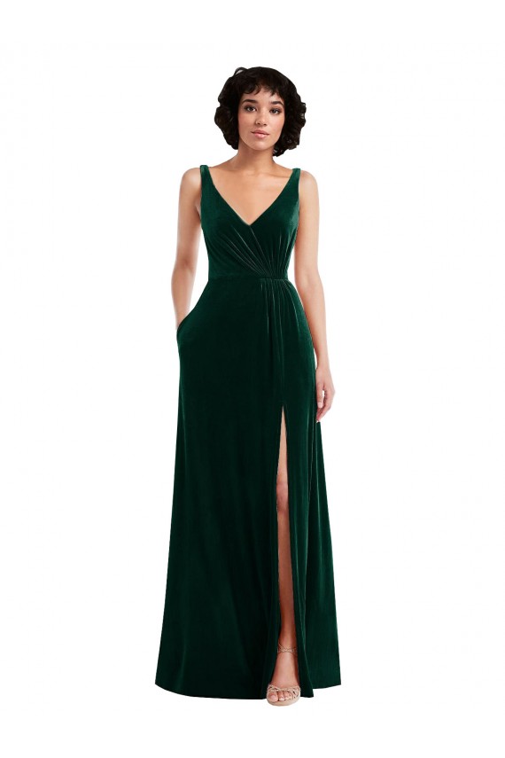 Fournisseurs de Vert foncé Trapèze Col V Velours Stretch Longue Robes demoiselle d'honneur / Robes de bal