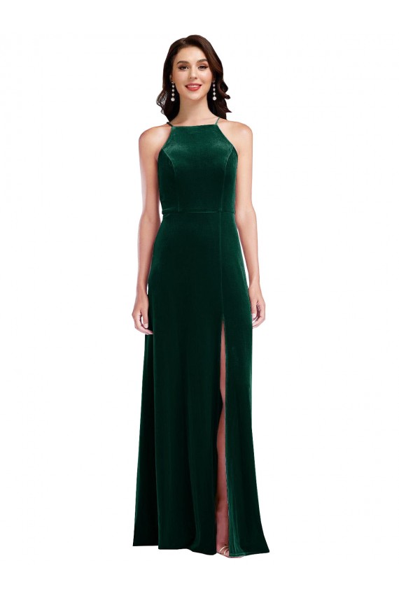 Fournisseurs de Vert foncé Trapèze Licou Col Haut Velours Stretch Longue Robes demoiselle d'honneur / Robes de bal