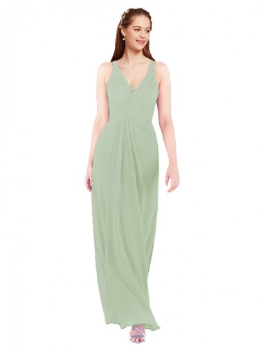 Fournisseurs de Vert fumée Fourreau Col V Mousseline Longue Robes demoiselle d'honneur