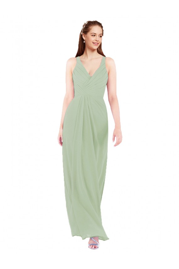 Fournisseurs de Vert fumée Fourreau Col V Mousseline Longue Robes demoiselle d'honneur