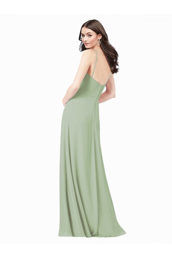 Fournisseurs de Vert fumée Trapèze Bretelles spaghetti Mousseline Longue Robes demoiselle d'honneur