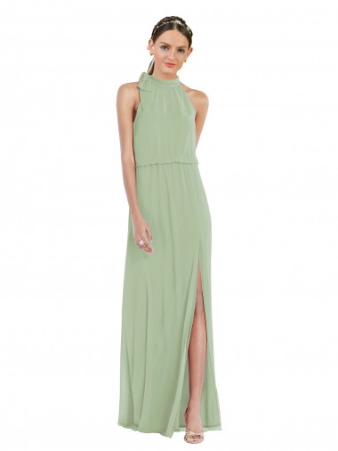 Fournisseurs de Vert fumée Trapèze Col Haut Mousseline Longue Robes demoiselle d'honneur