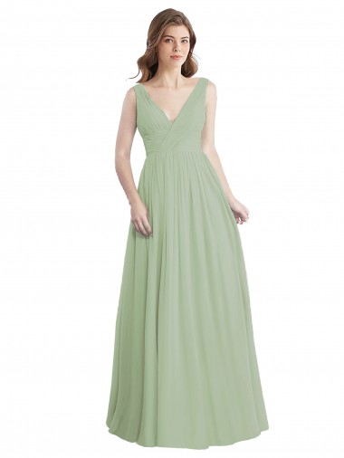 Fournisseurs de Vert fumée Trapèze Col V Mousseline Longue Robes demoiselle d'honneur