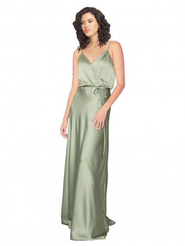 Fournisseurs de Vert fumée Trapèze Col V Satiné Soyeux Longue Formelles Robes demoiselle d'honneur / Robes de soirée