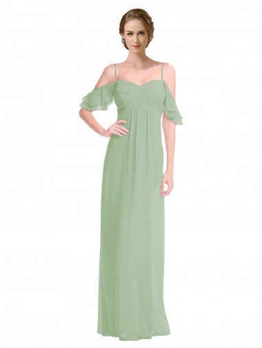 Fournisseurs de Vert fumée Trapèze Épaule Dénudée Bretelles spaghetti Mousseline Longue Robes demoiselle d'honneur