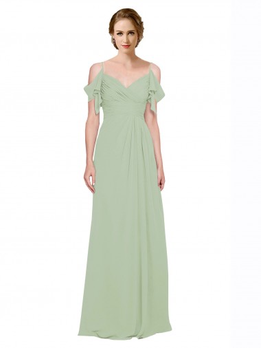 Fournisseurs de Vert fumée Trapèze Épaule Dénudée Bretelles spaghetti Mousseline Longue Robes demoiselle d'honneur