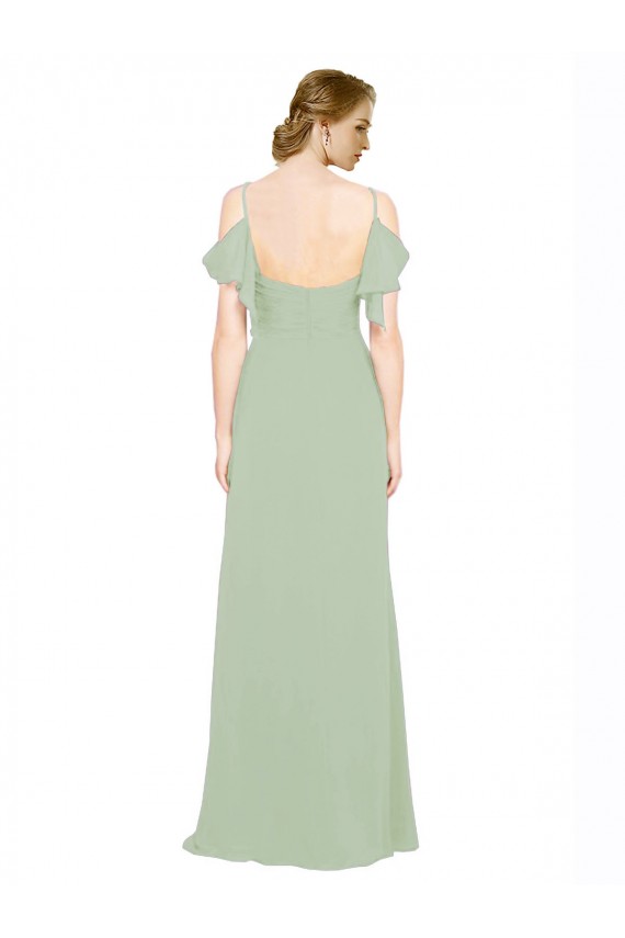 Fournisseurs de Vert fumée Trapèze Épaule Dénudée Bretelles spaghetti Mousseline Longue Robes demoiselle d'honneur