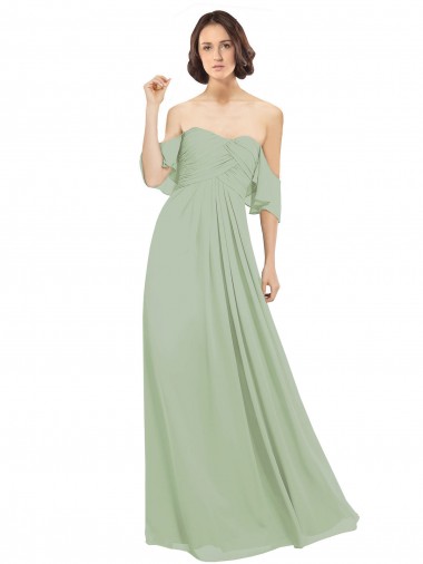 Fournisseurs de Vert fumée Trapèze Épaule Dénudée Mousseline Longue Robes demoiselle d'honneur