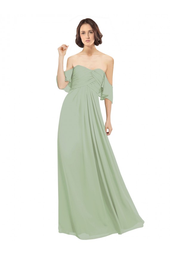 Fournisseurs de Vert fumée Trapèze Épaule Dénudée Mousseline Longue Robes demoiselle d'honneur