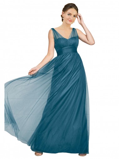 Fournisseurs de Vert sarcelle Trapèze Col V Tulle Longue Robes demoiselle d'honneur
